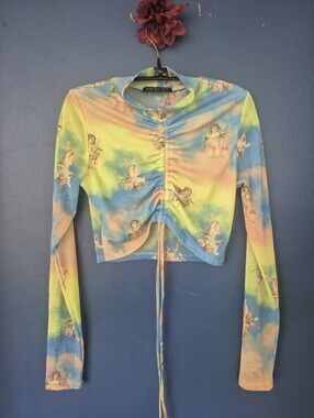 Long Sleeve Ruched Crop Top in Pastel Tie-Dye with Cherub Print